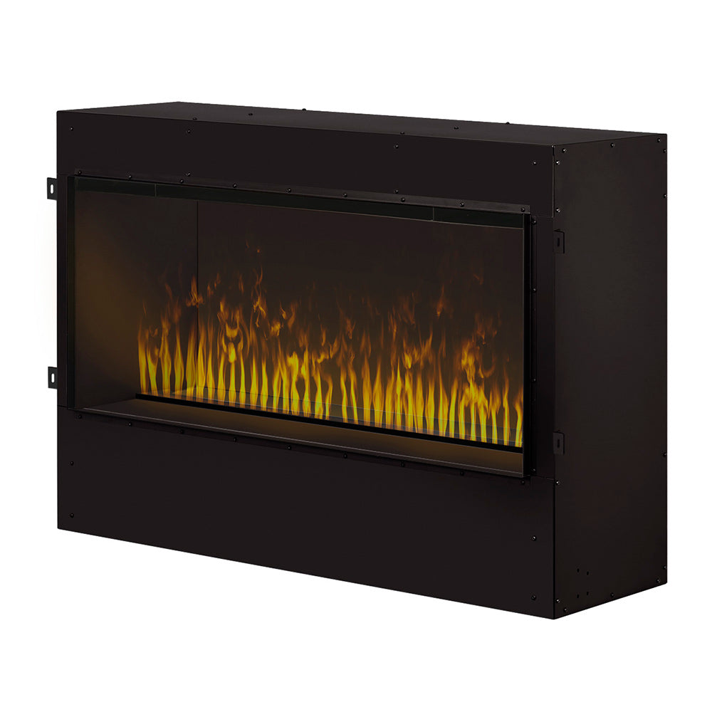 Built-in electric fireplace with tall yellow-orange flame effect behind glass viewing screen