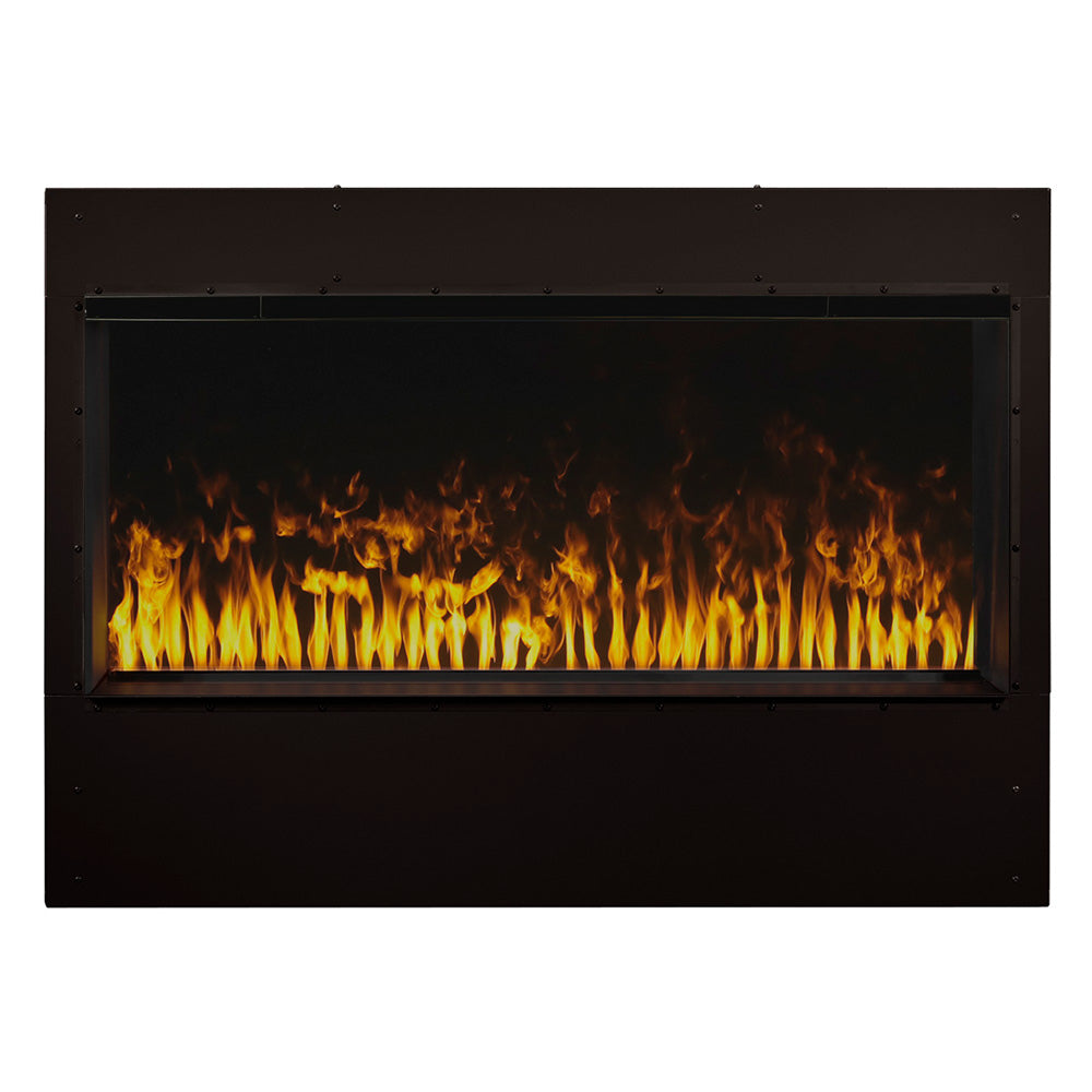 Built-in electric fireplace with bright orange flames across the front glass window