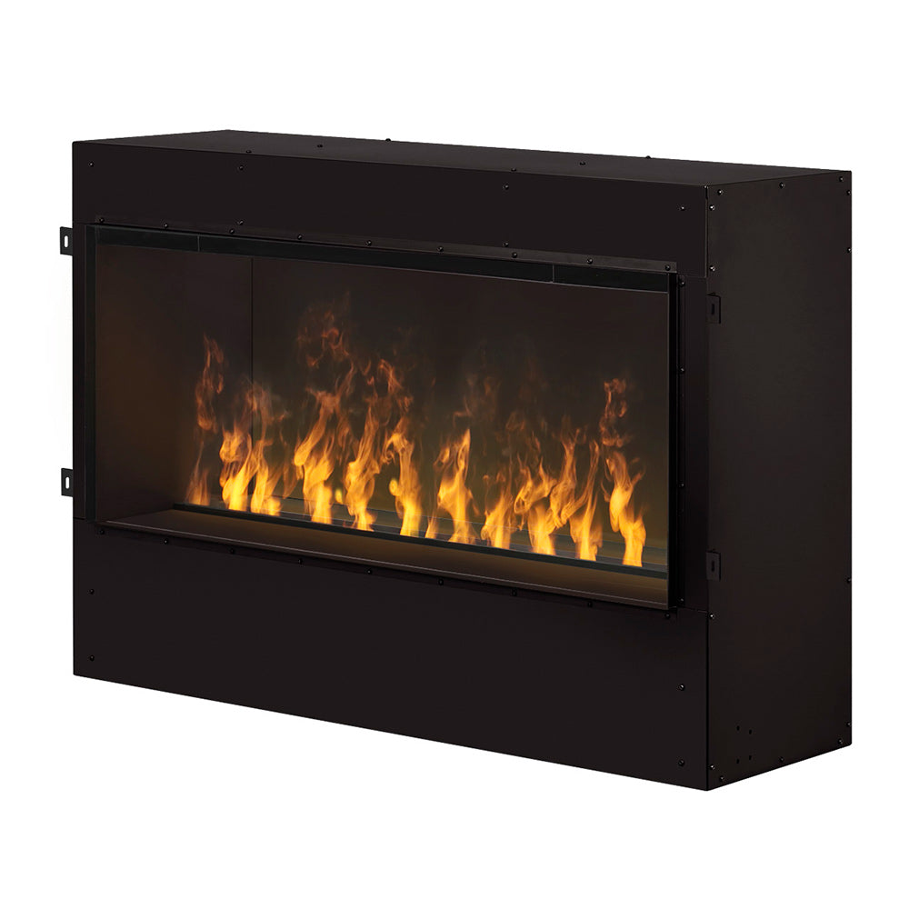 Built-in black electric fireplace with orange flame effect in open glass viewing panel
