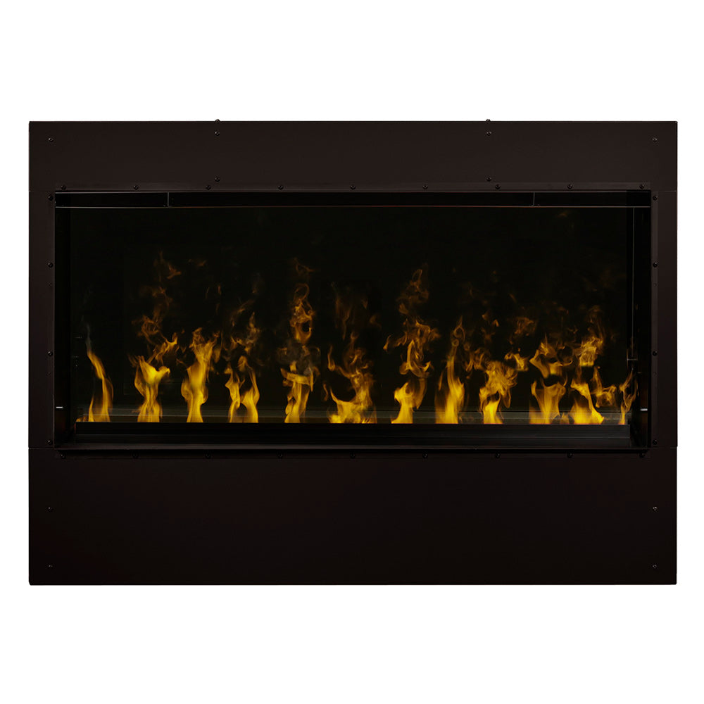 Built-in electric fireplace front panel with open flame effect in dark frame