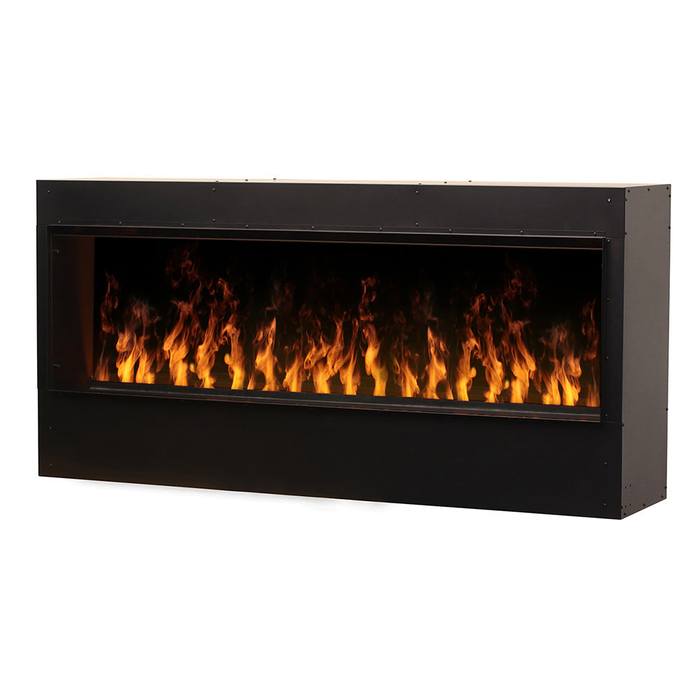 Built-in electric fireplace with black surround and ember-like flame bed