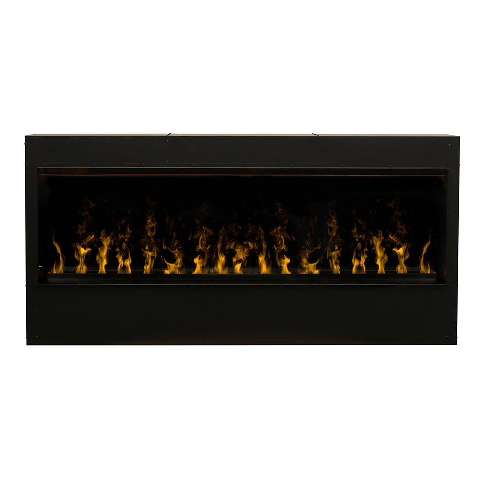 Built-in electric fireplace with black surround and bright flame effect window