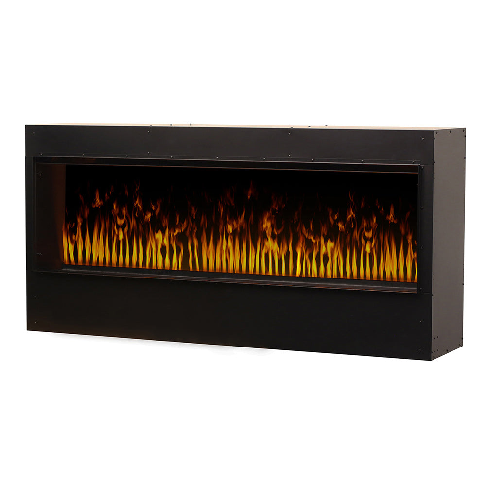 Built-in electric fireplace insert with black frame and orange flame effect display