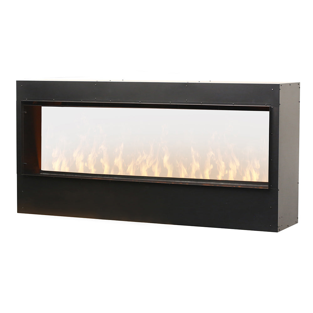 Black built-in electric fireplace insert with bright flame display and glass window