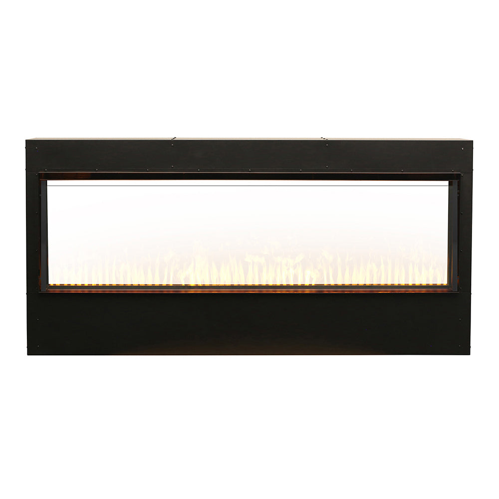 Black electric fireplace insert with horizontal flame glow behind clear window