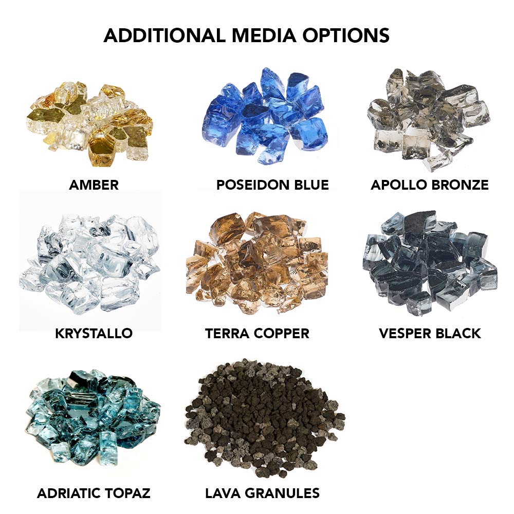 Decorative glass fire media in multiple colors, including amber and Poseidon blue