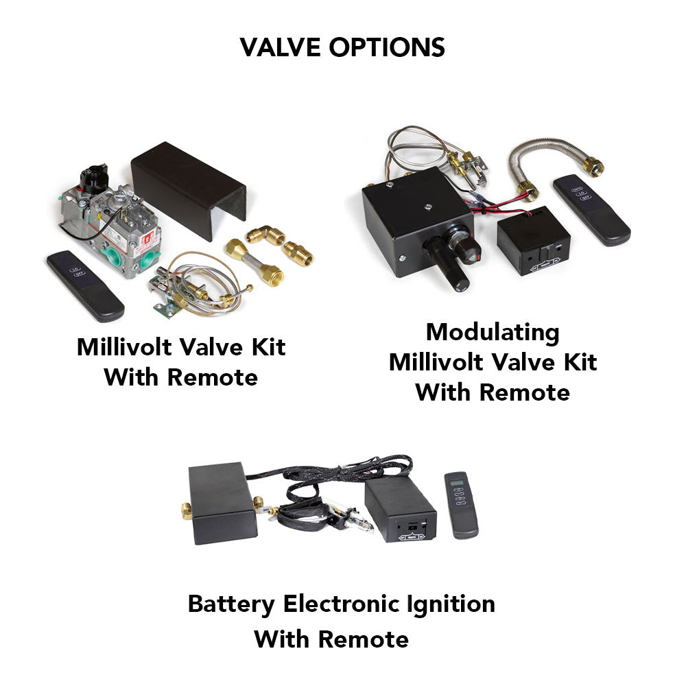 Indoor glass burner valve kit components with remotes, wiring, and ignition module