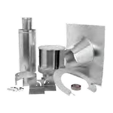 Roof terminal kit with square flashing panel, vent elbow, gasket ring, and brackets