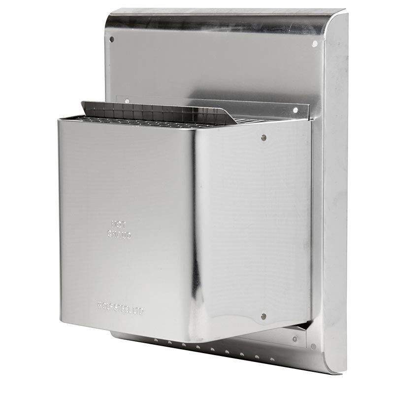 Metal wall terminal shield with flanged sides and vent opening, silver finish