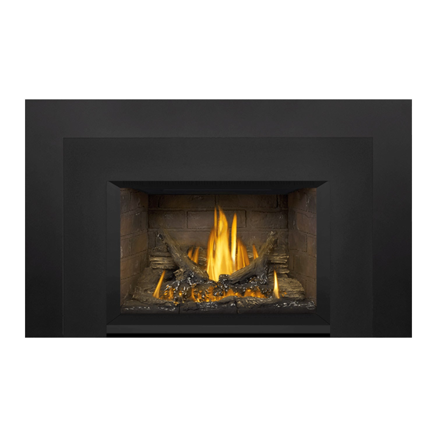 Direct vent gas fireplace insert front view with brick interior and glowing yellow flames.