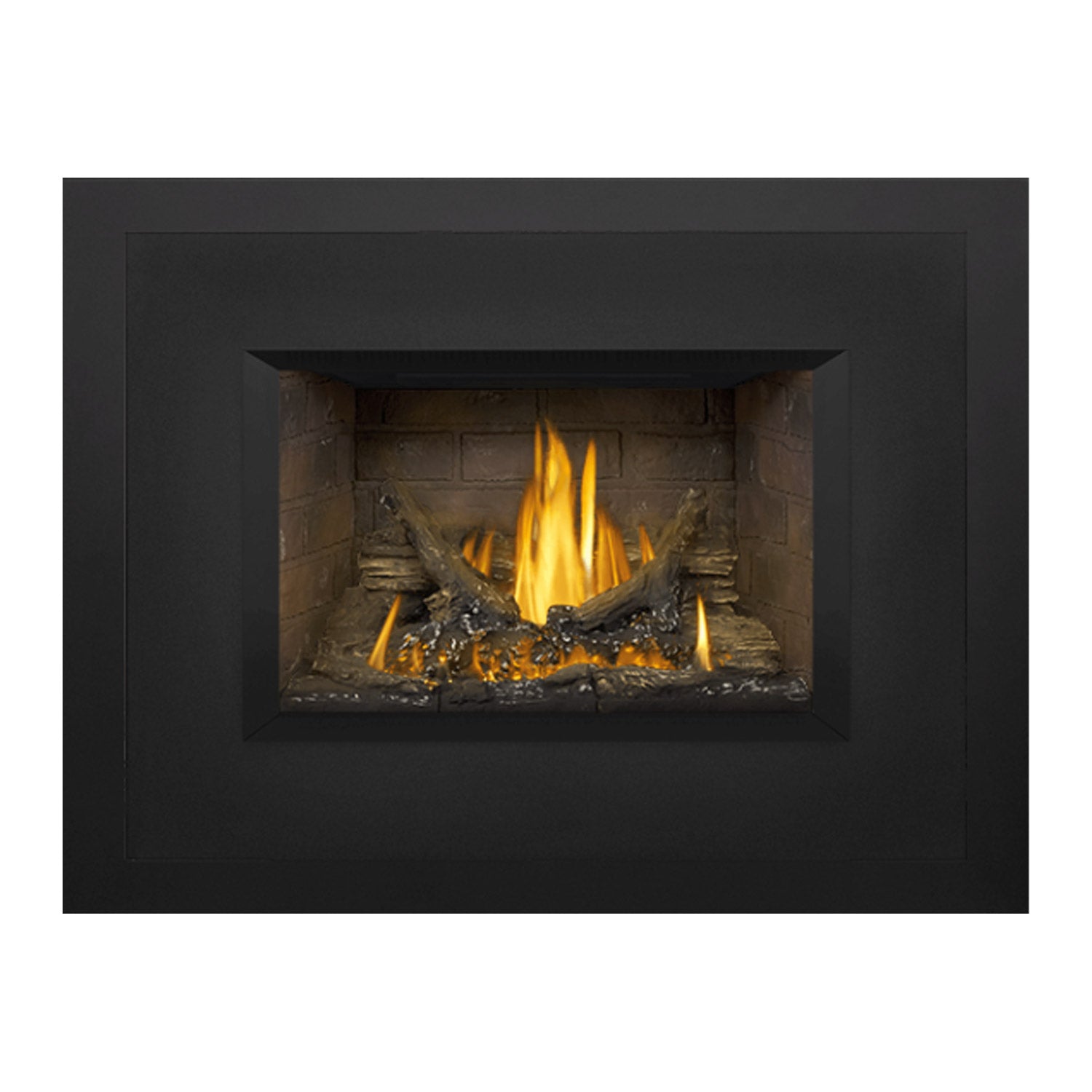 Direct vent gas fireplace insert with dark surround and glowing flames over logs
