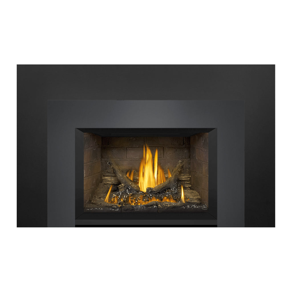 Napoleon direct vent gas fireplace insert with dark surround, flames and charcoal embers visible