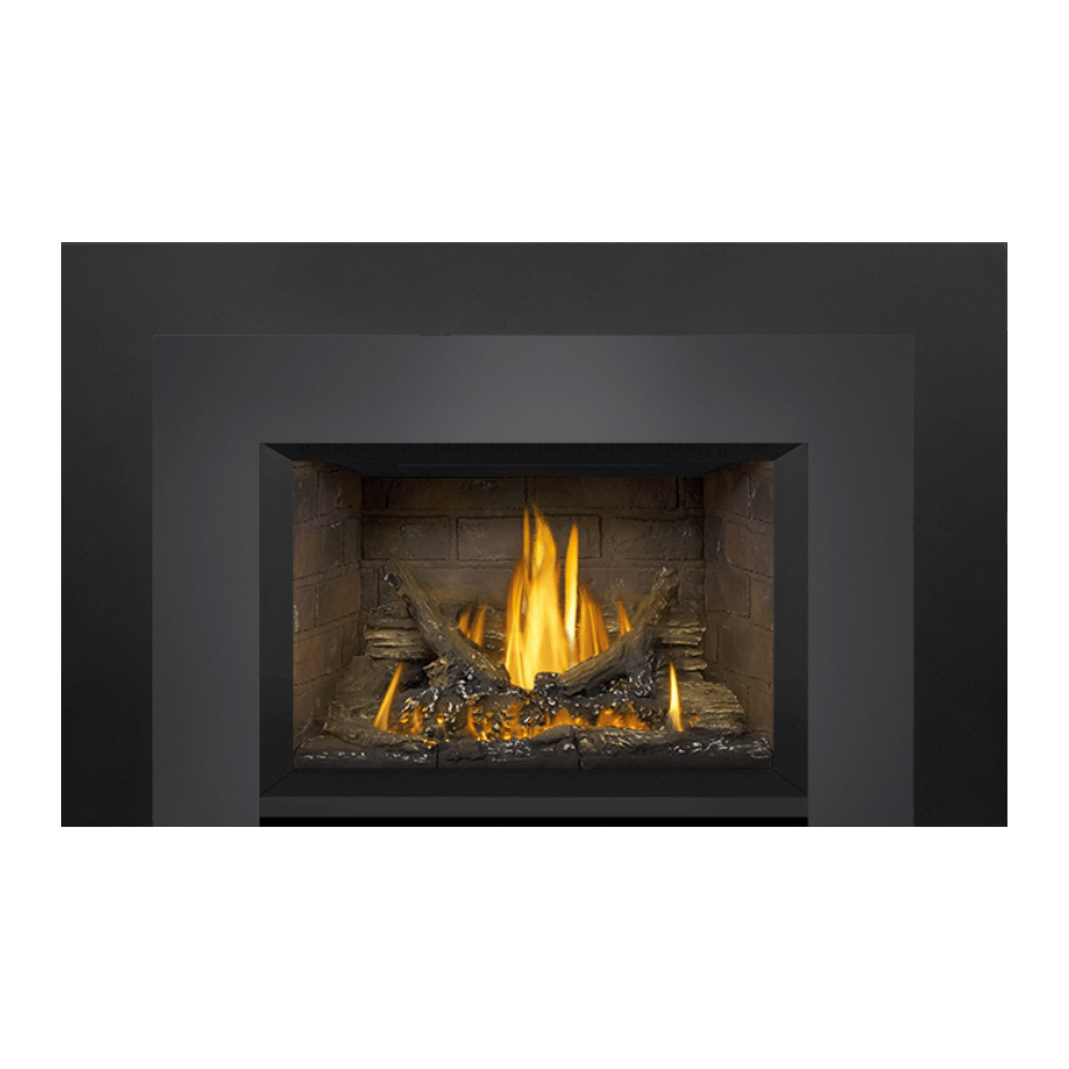 Gas fireplace insert with brick firebox and lit flame, dark frame visible at sides