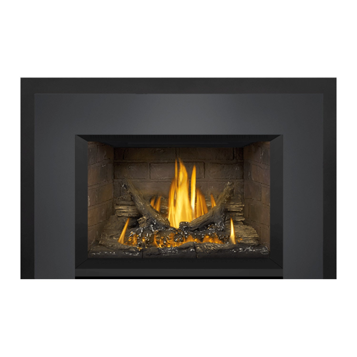 Napoleon direct vent gas fireplace insert with dark surround, front view of flames over logs