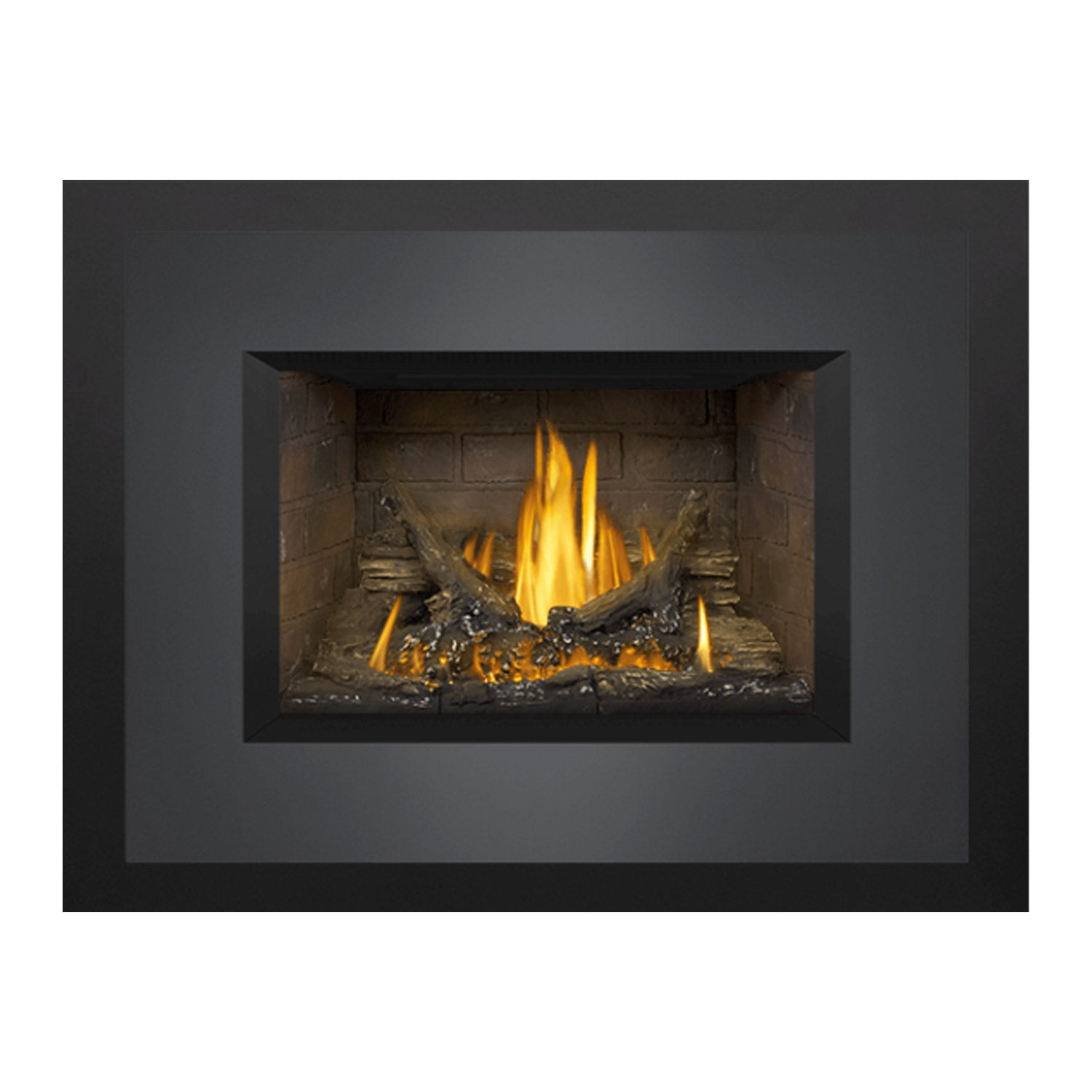 Napoleon direct vent gas fireplace insert, dark surround and firebox with flames on logs