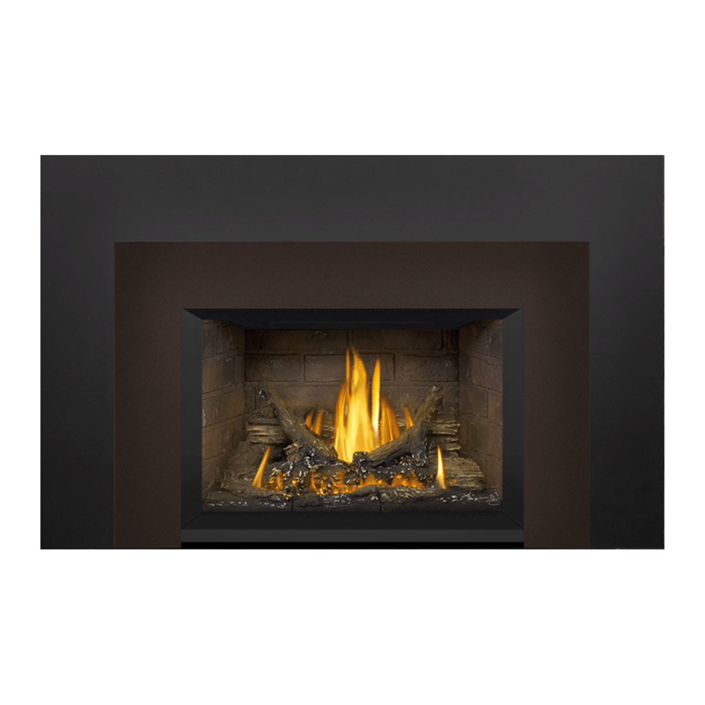 Gas fireplace insert with dark outer trim and lit flame in a brick-lined firebox