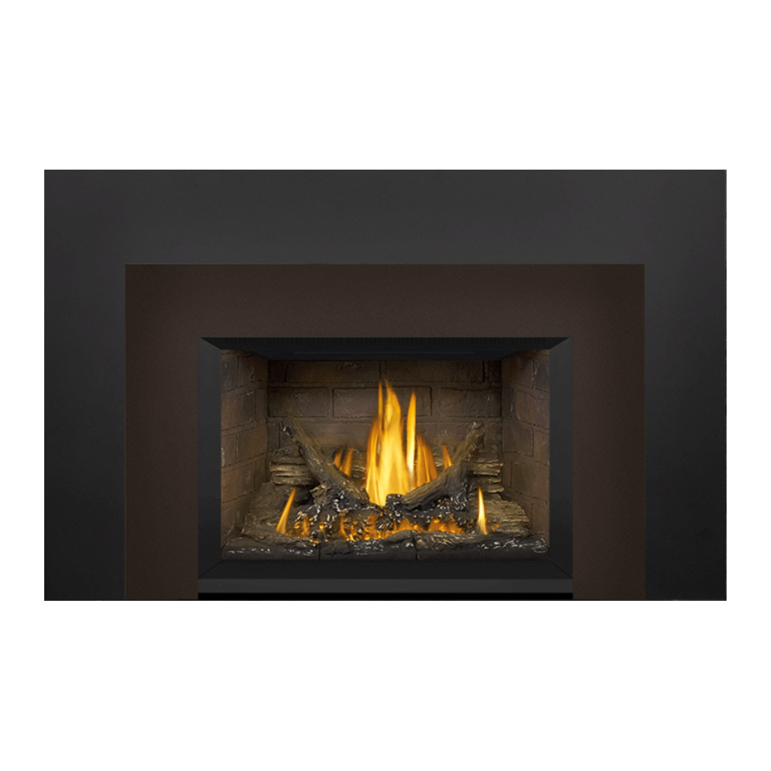 Gas fireplace insert with dark outer trim and lit flame in a brick-lined firebox