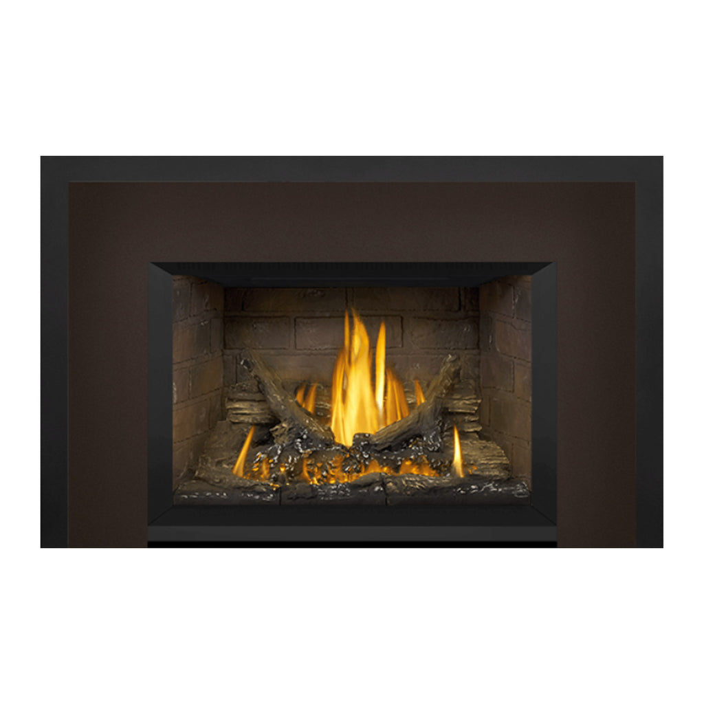 Gas fireplace insert with dark surround framing a lit flame in the brick firebox
