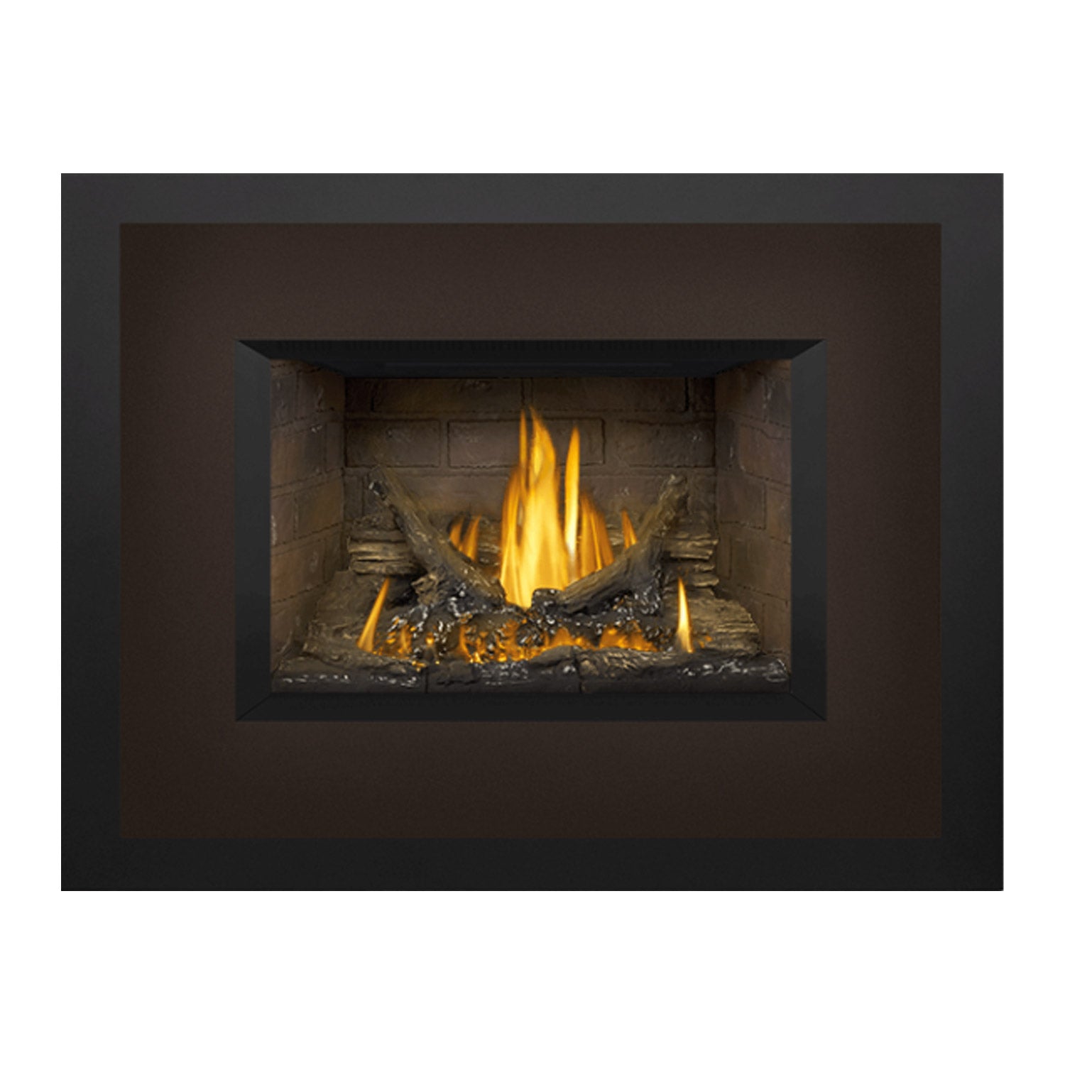 Napoleon direct vent gas fireplace insert, square dark surround with flames and log set