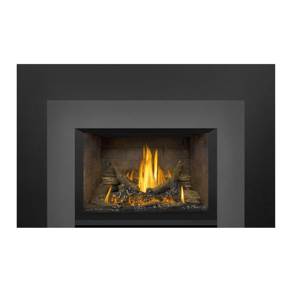 Napoleon direct vent gas fireplace insert, dark surround framing a firebox with flames and logs