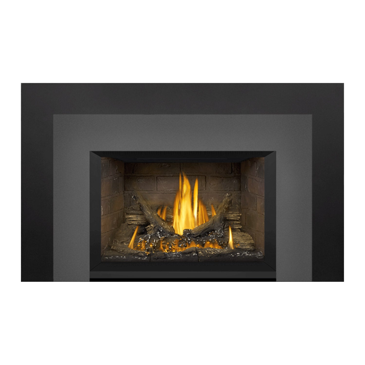 Napoleon direct vent gas fireplace insert with dark surround, burning flames and logs visible