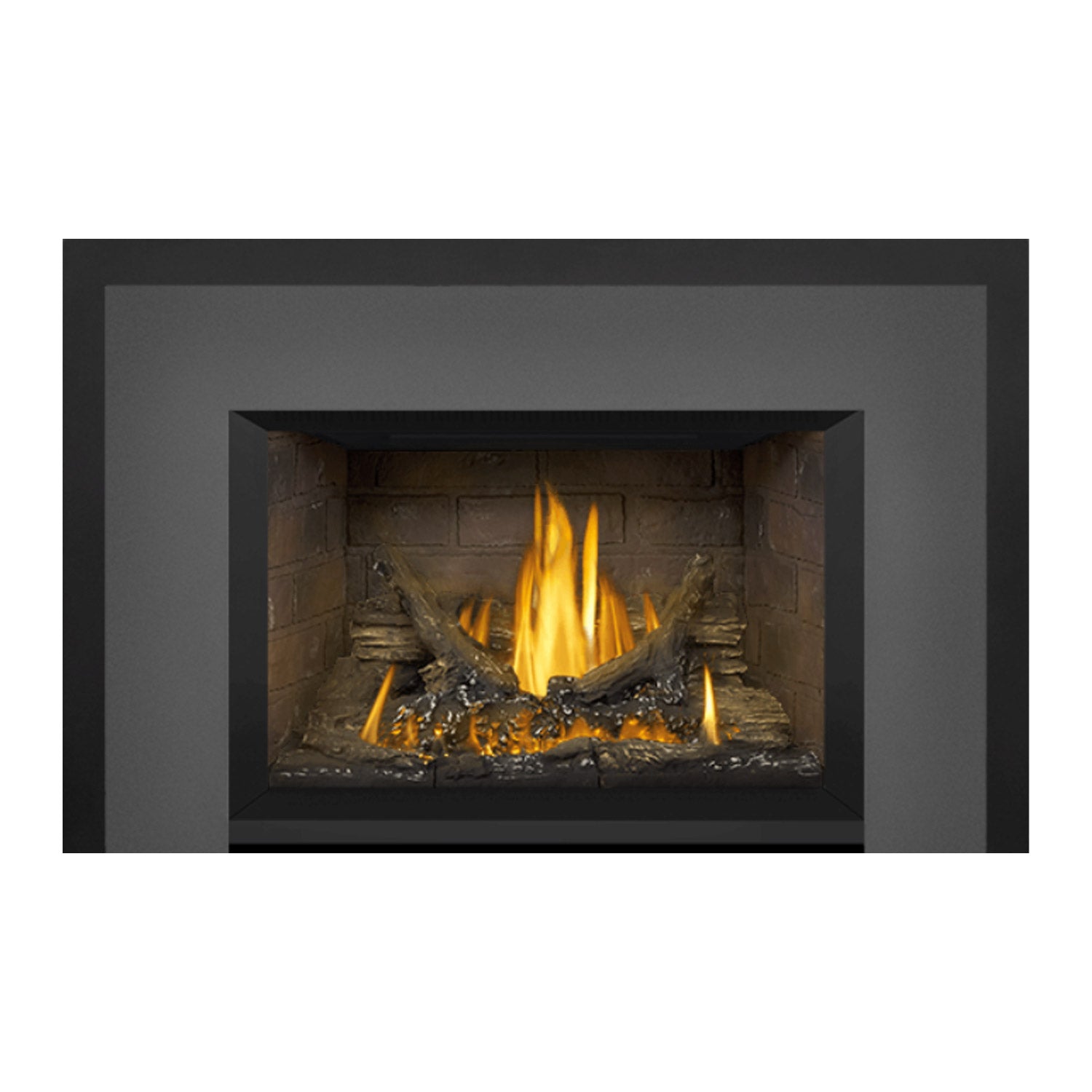 Direct vent gas fireplace insert front with brick interior, tall yellow-orange flame and logs.