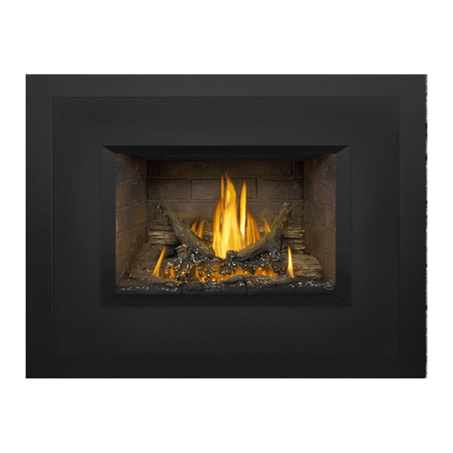 Napoleon direct vent gas fireplace insert with dark surround, burning flames and stone-look back