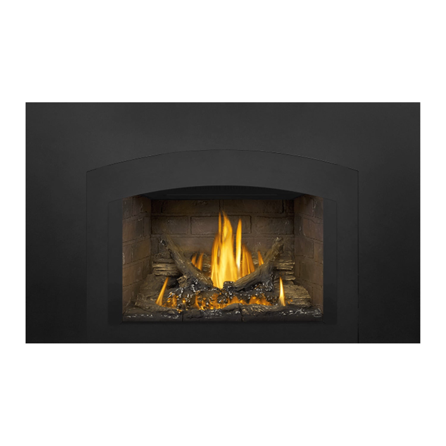 Direct vent gas fireplace insert with arched window showing burning logs and yellow flames