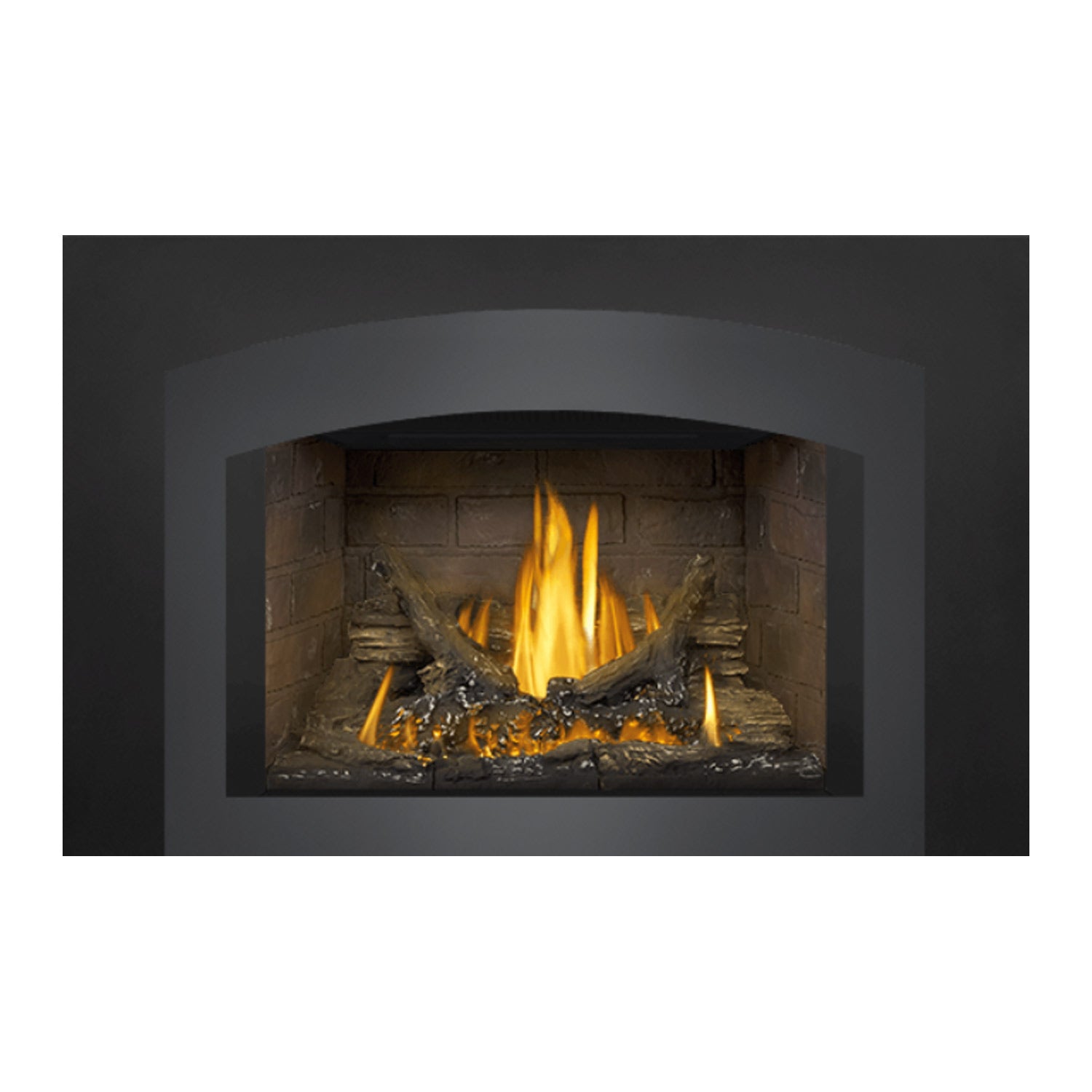 Direct vent gas fireplace insert showing dark frame, stone firebox, and bright yellow flames
