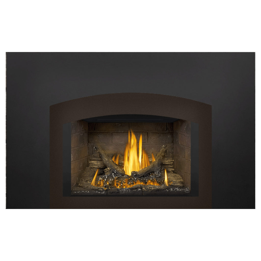 Direct vent gas fireplace insert with arched opening, burning logs and active flame tips