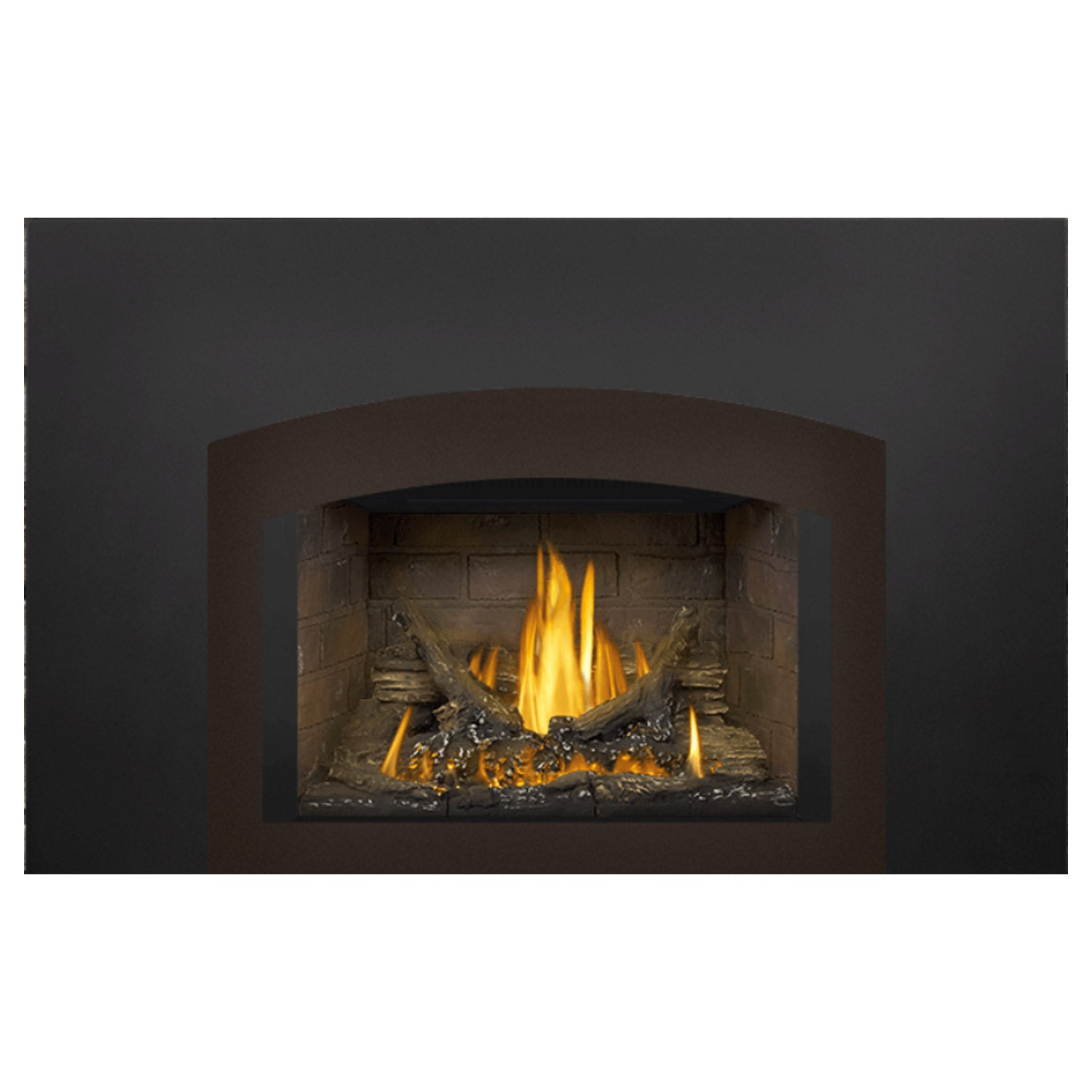 Direct vent gas fireplace insert with arched opening, burning logs and active flame tips