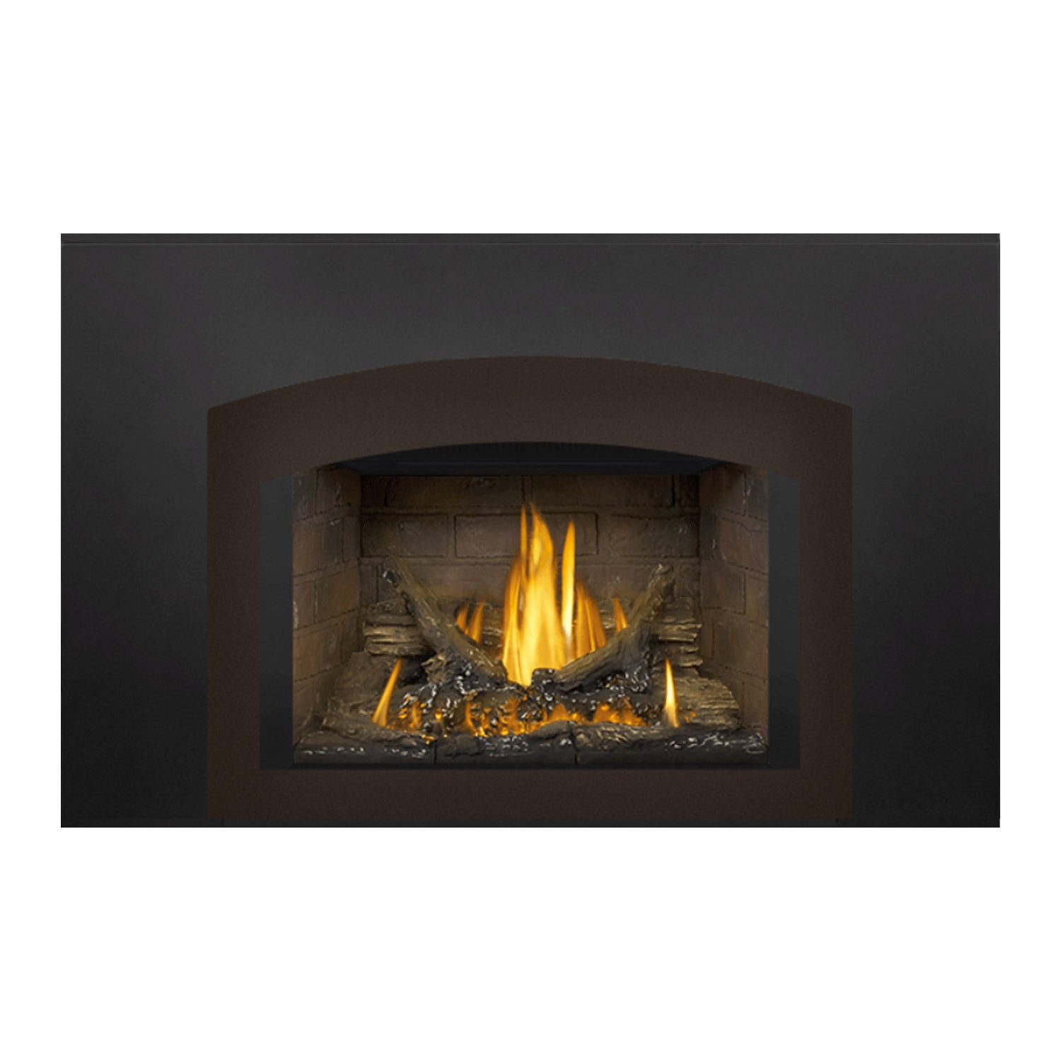 Direct vent gas fireplace insert with dark surround and glowing yellow flames in a stone firebox