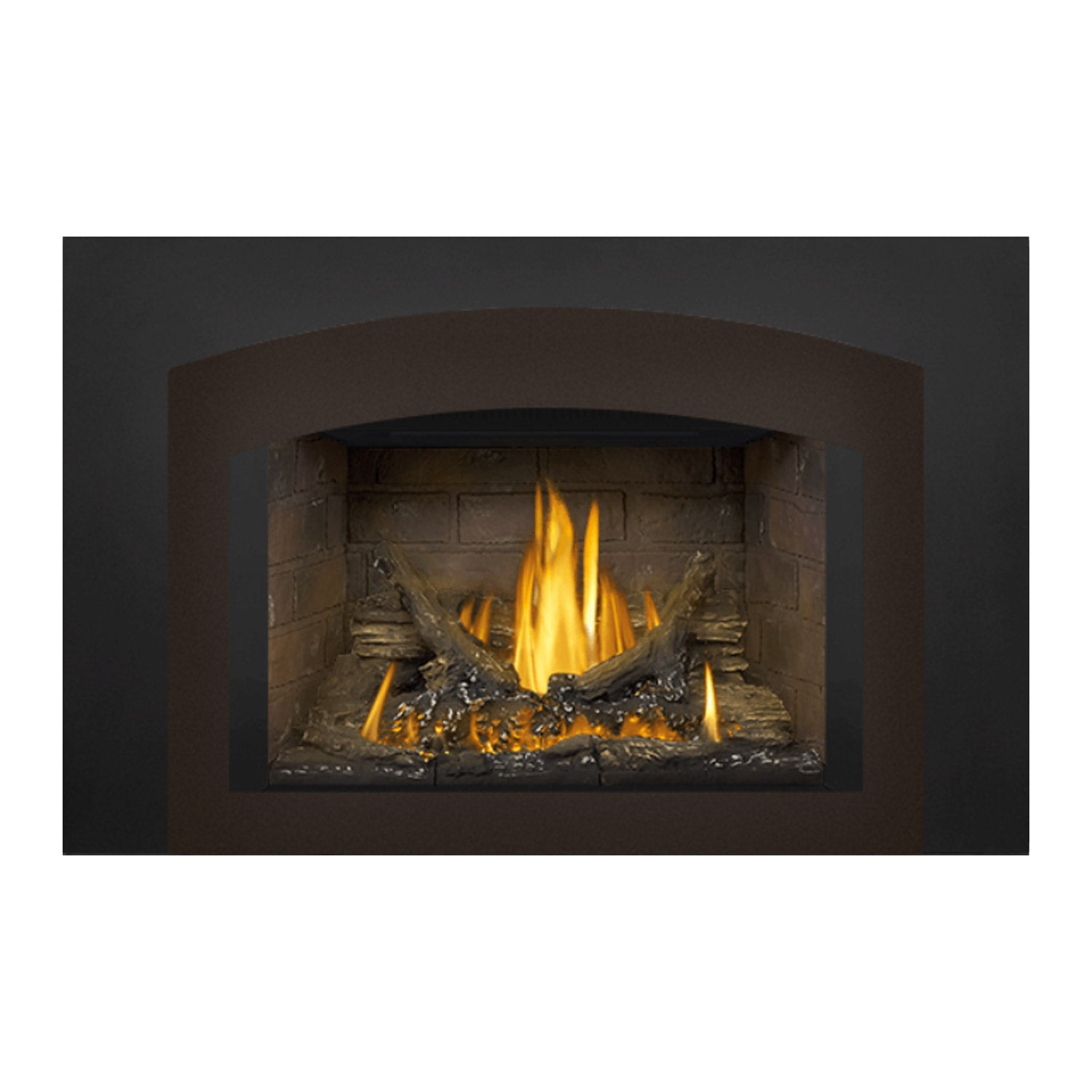 Direct vent gas fireplace insert with arched opening, burning logs and glowing embers