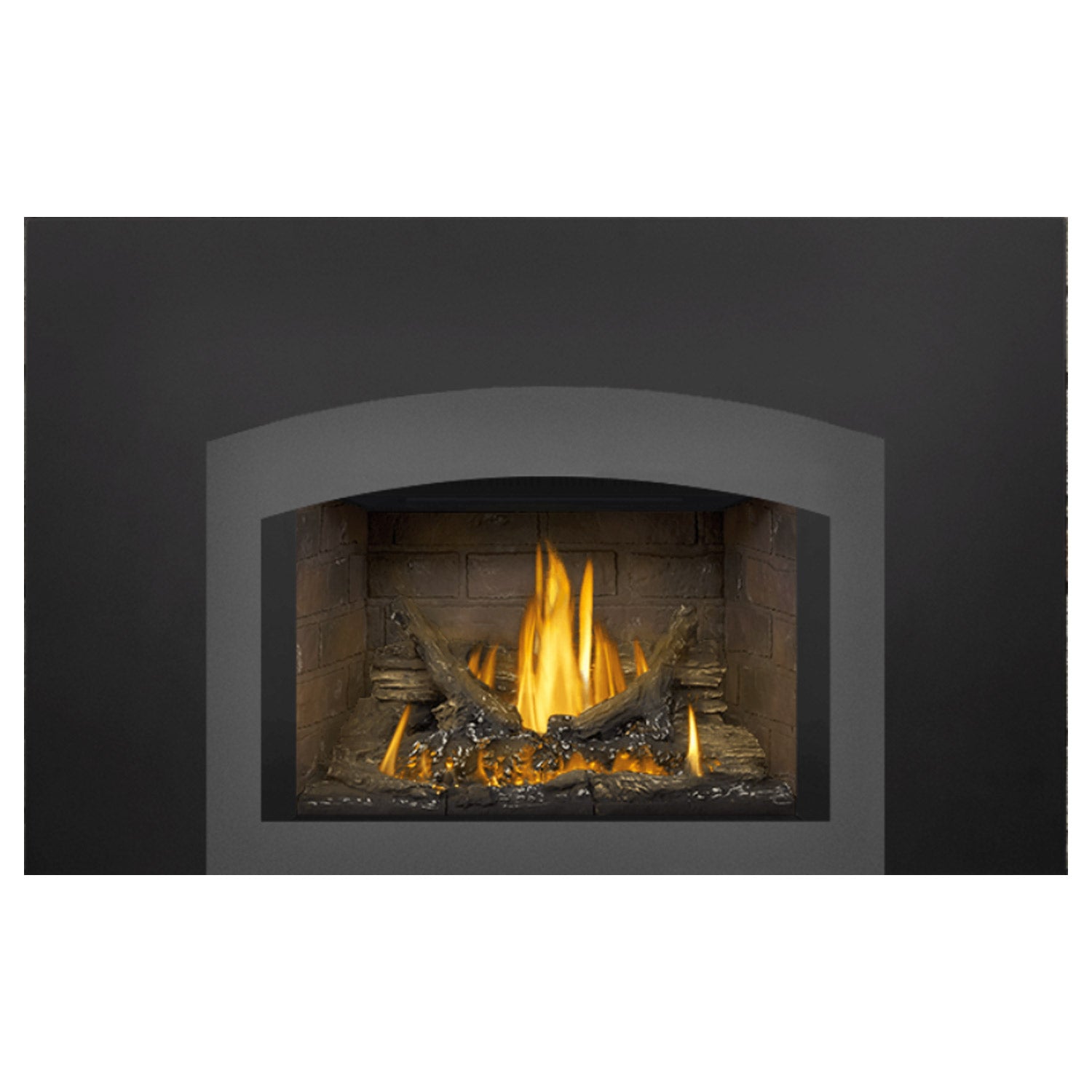 Direct vent gas fireplace insert with dark surround and burning logs, yellow-orange flames