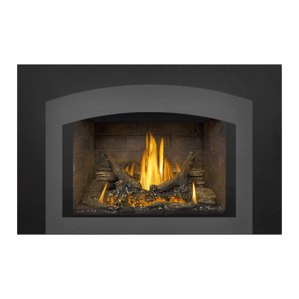 Millivolt ignition direct vent gas fireplace insert with dark surround and tall yellow flames