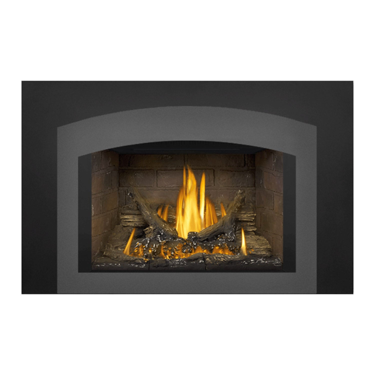 Millivolt ignition direct vent gas fireplace insert with dark surround and tall yellow flames