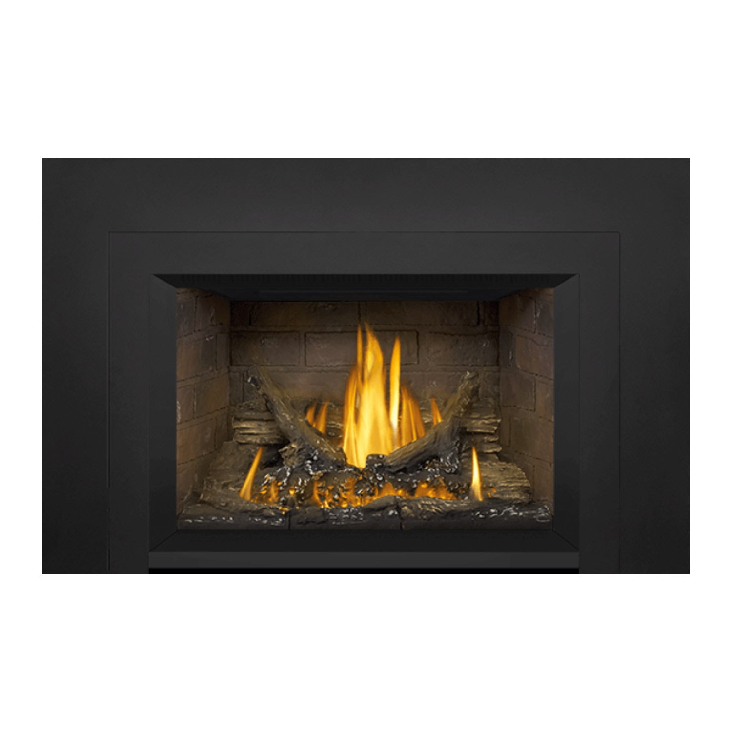 Direct vent gas fireplace insert with burning logs and flames behind the front panel