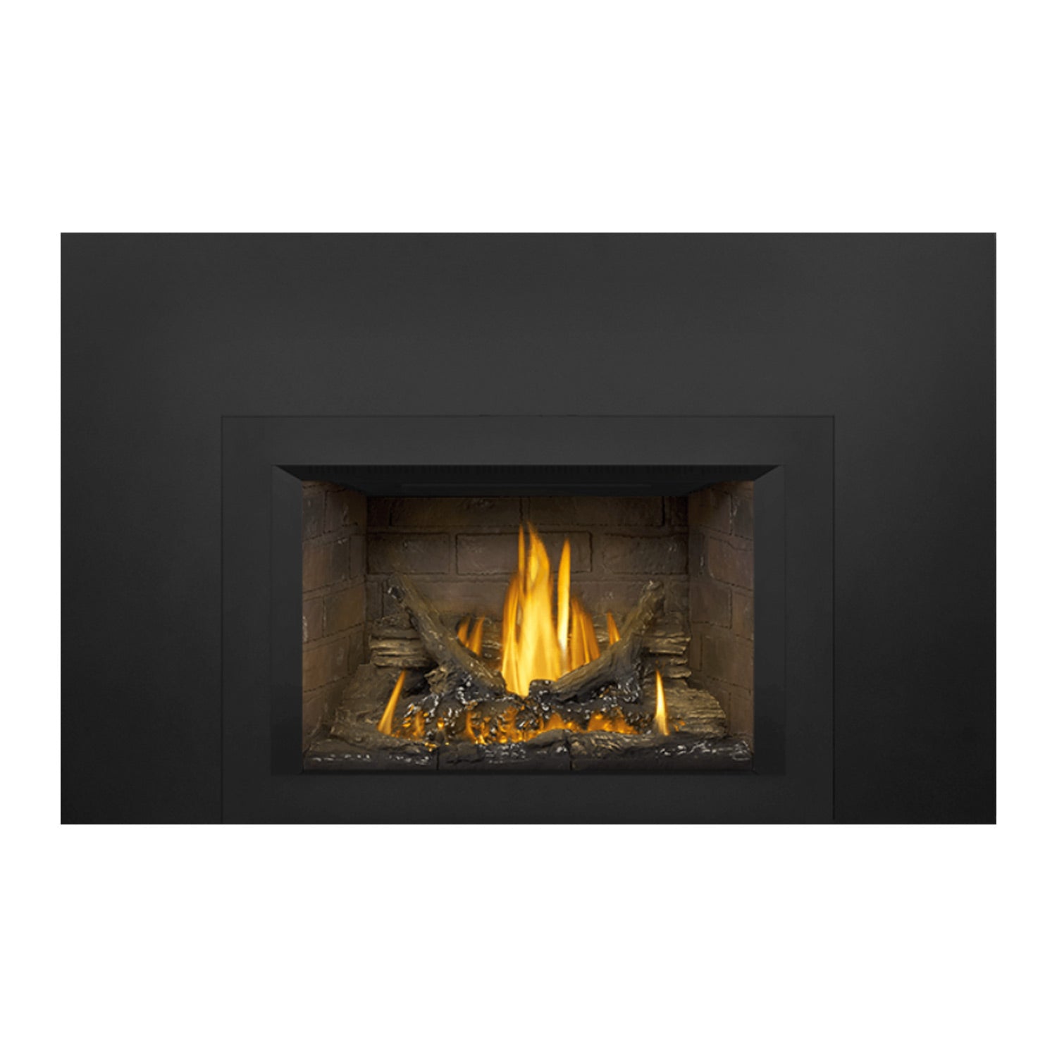 Gas fireplace insert showing inset stone firebox, glowing embers, and flames through glass