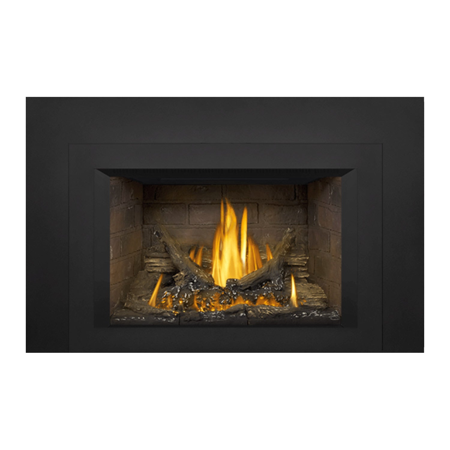 Black direct vent gas fireplace insert with flames behind glass and log set