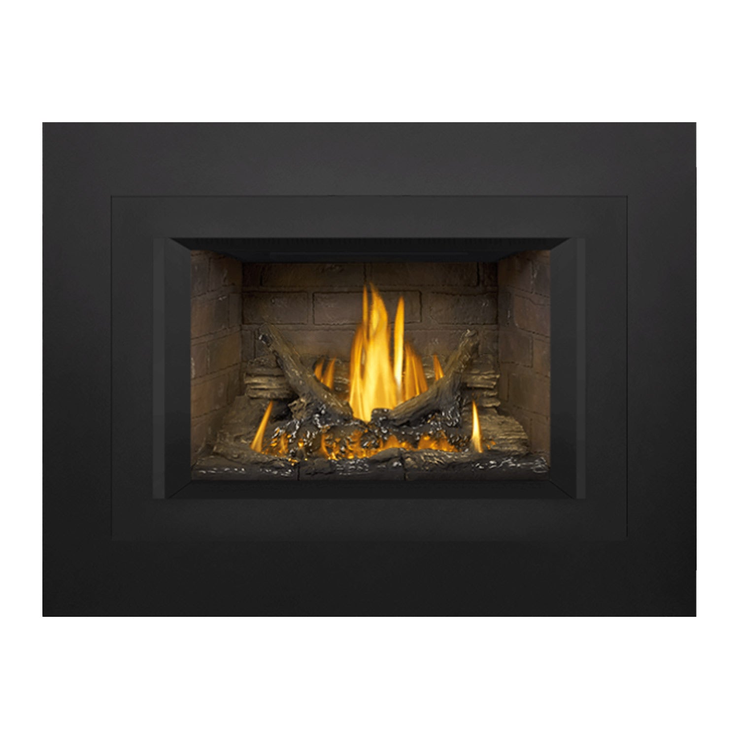 Direct vent gas fireplace insert with tall flames in a stone surround opening