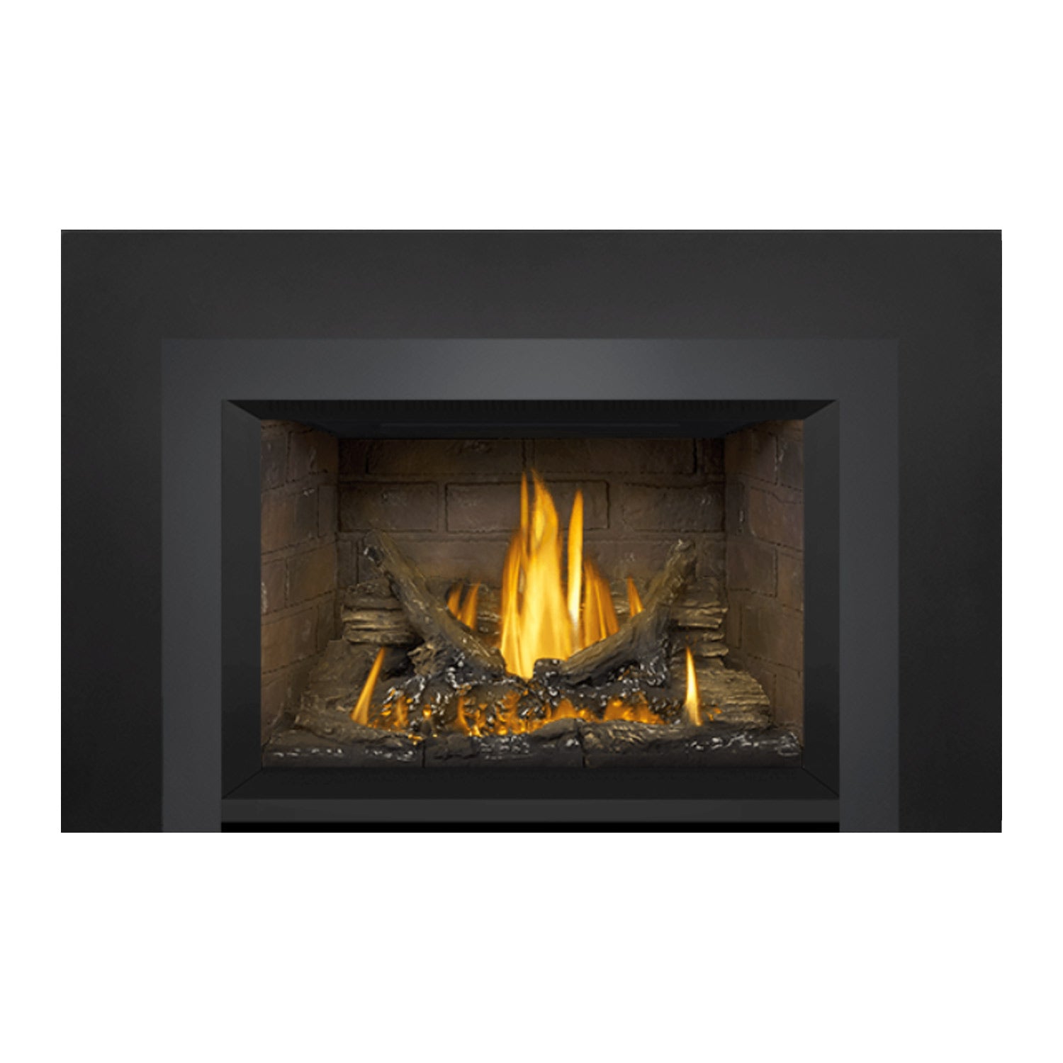 Gas fireplace insert with burning logs and stone firebox, surrounded by dark trim
