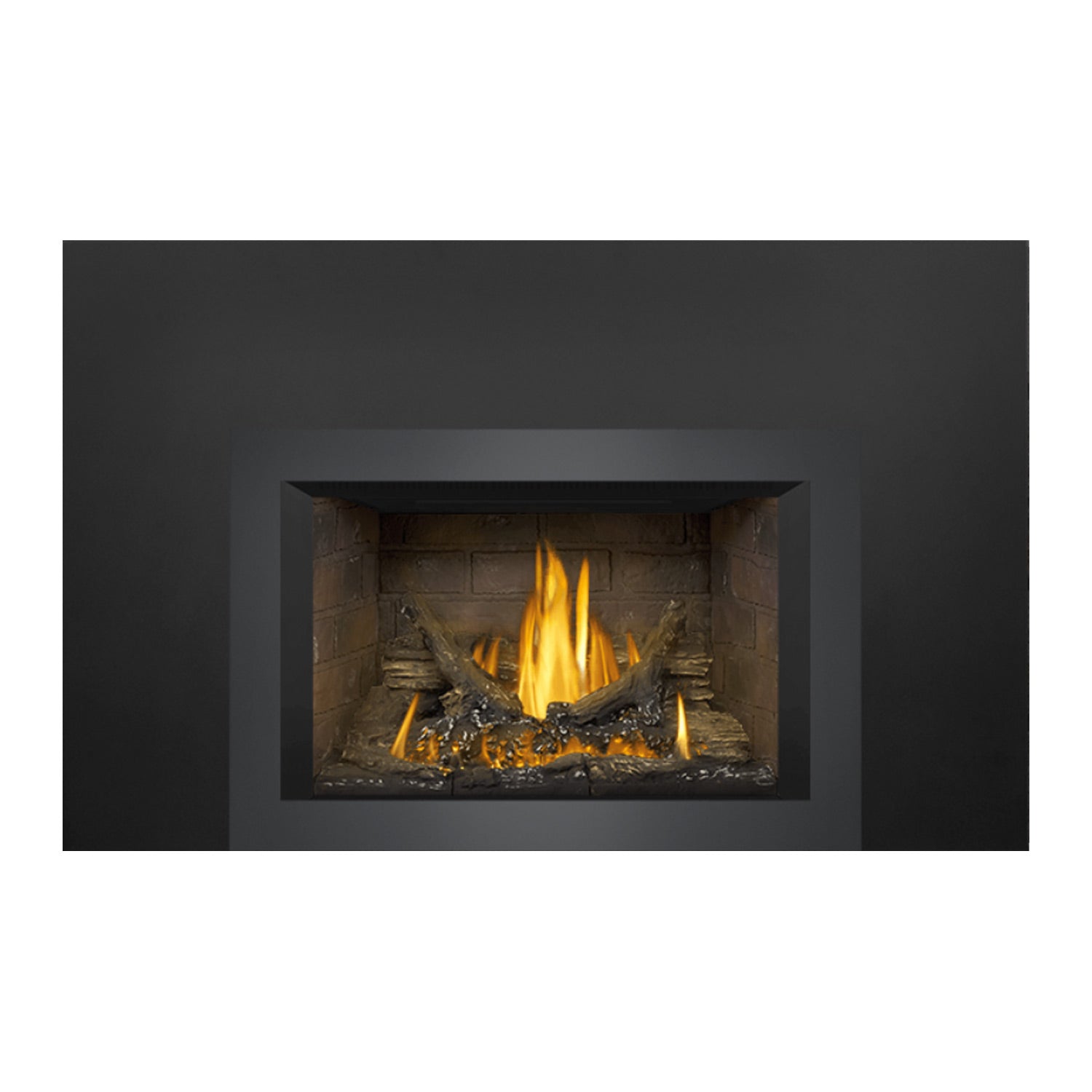 Gas fireplace insert with dark surround and stone firebox, visible flames over logs