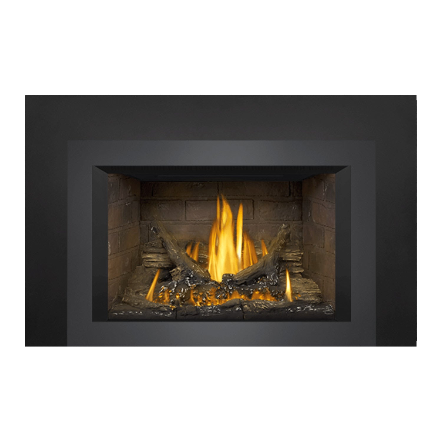 Gas fireplace insert with dark surround, stone-lined firebox and burning logs with flames