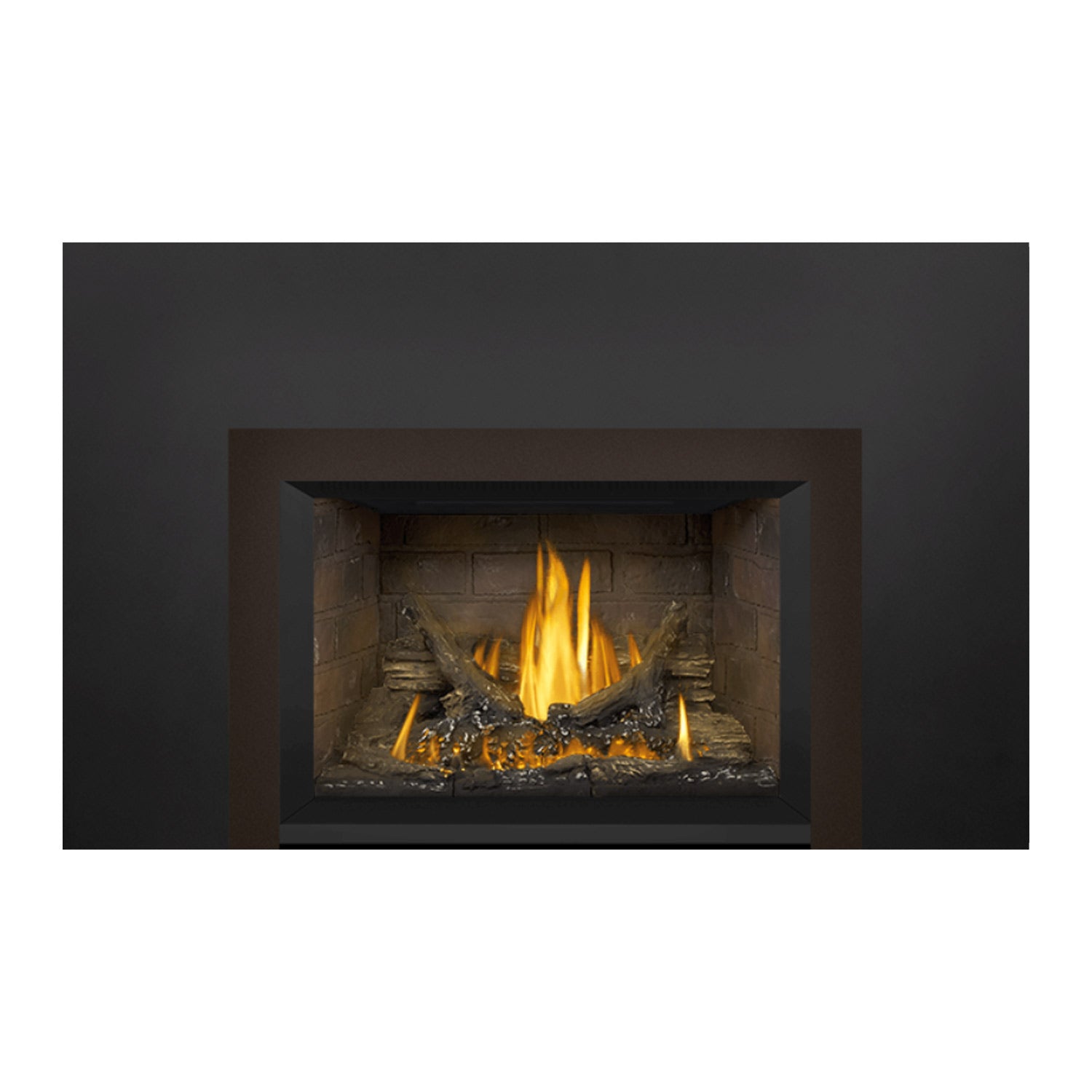 Gas fireplace insert with tan stone firebox and steady flames burning in the center