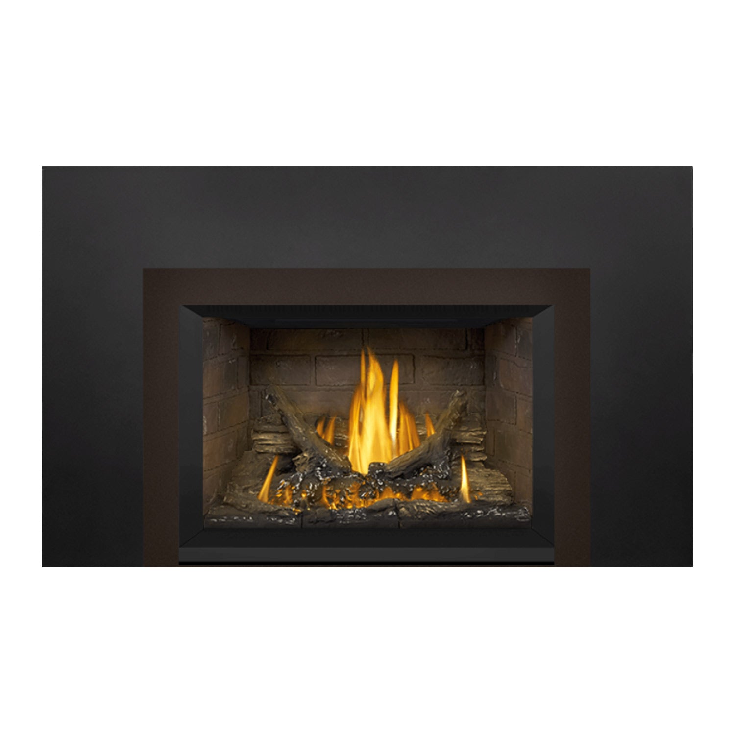 Gas fireplace insert with tan stone firebox and flames glowing behind the glass opening