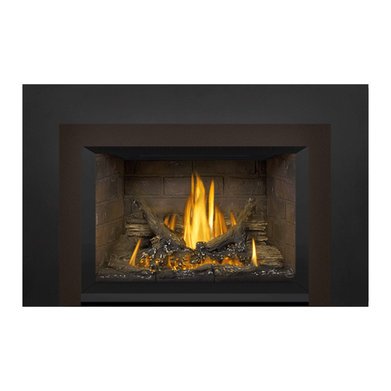 Gas fireplace insert with tan stone firebox and burning logs with flickering flames