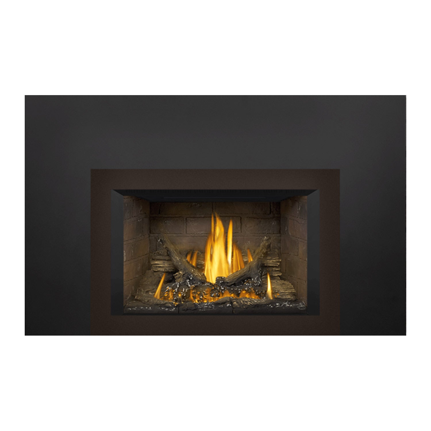Gas fireplace insert with dark surround and open firebox, burning logs and glowing embers