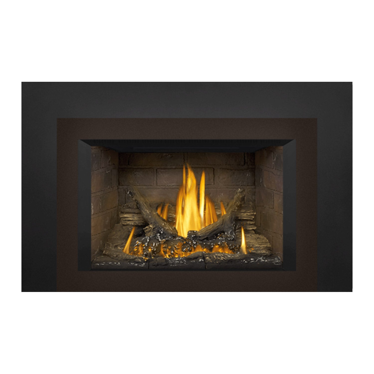 Front view of gas fireplace insert with dark surround and bright flames over logs
