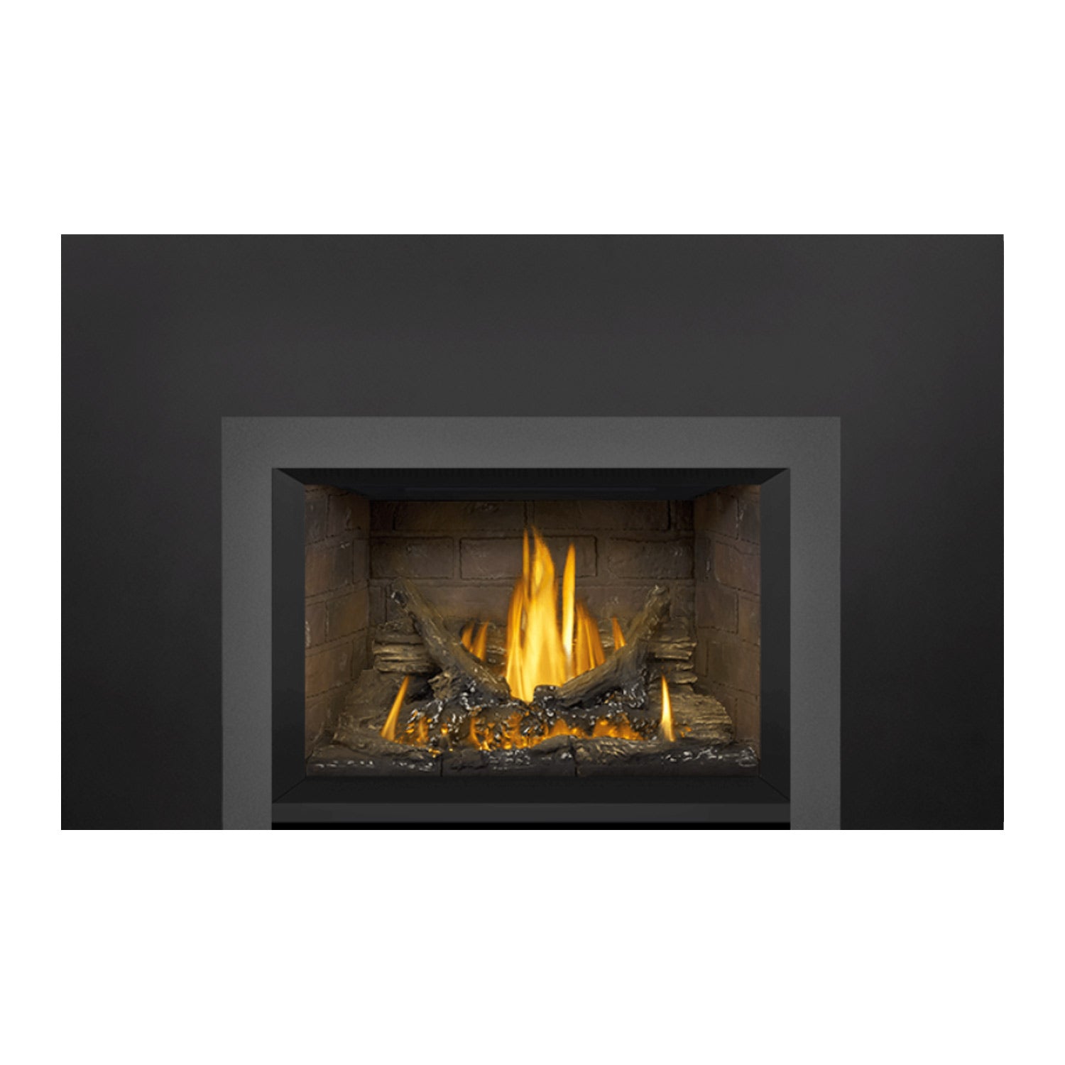 Gas fireplace insert with dark surround, stone firebox sides, and burning logs with flames