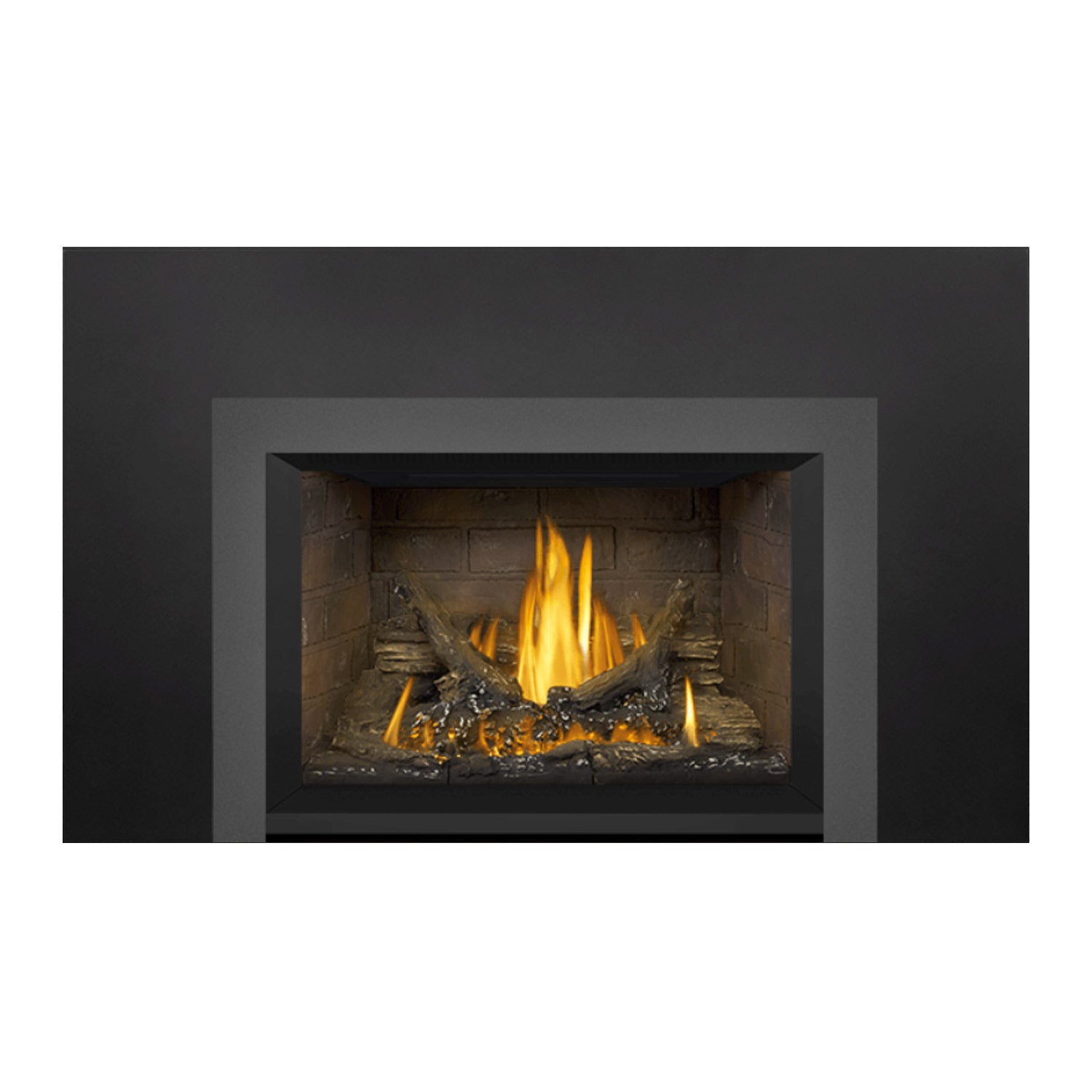 Gas fireplace insert front view, dark outer frame with inset firebox and glowing flames